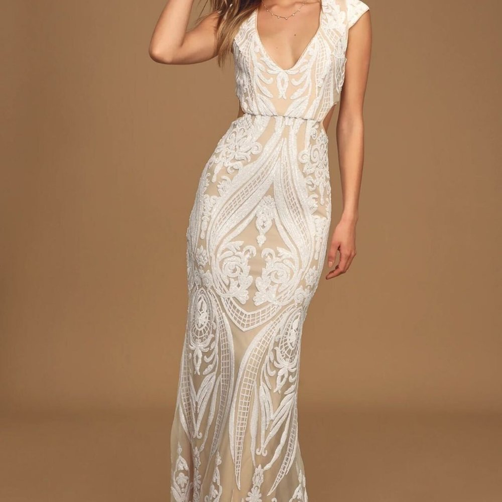 Adored White and Nude Sequin Mermaid Maxi Dress
